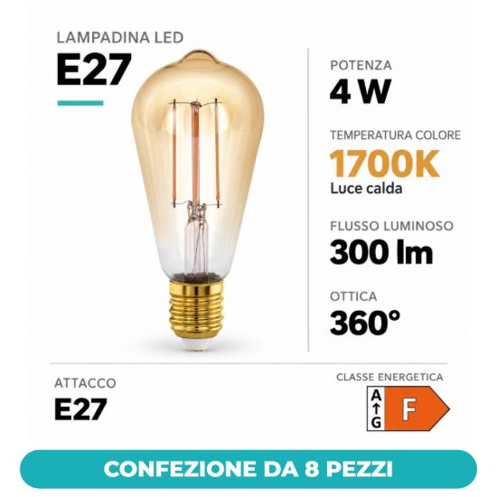 Eglo lampadina led e27 4w 1700k a oliva ambrata 6,4cm a filamento dimmerabile confezione da 8 pezzi