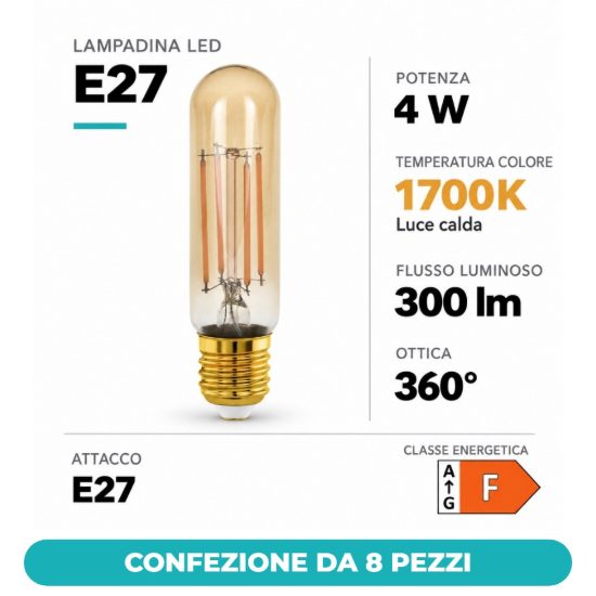 Eglo lampadina led e27 4w 1700k tubolare ambrata a filamento dimmerabile confezione da 8 pezzi