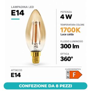 Eglo lampadina led e14 4w 1700k a candela ambrata h9,8cm a filamento dimmerabile confezione da 8 pezzi