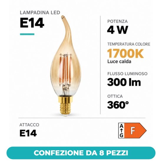 Eglo lampadina led e14 4w 1700k a candela ambrata h12cm a filamento dimmerabile confezione da 8 pezzi
