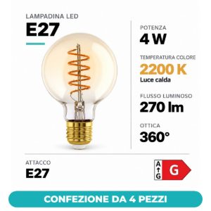 Eglo lampadina led e27 4w 2200k a globo ambrata 8cm con filamento a spirale confezione da 4 pezzi