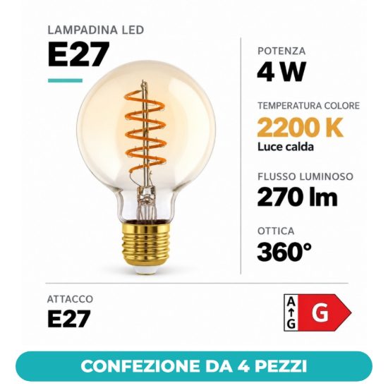 Eglo lampadina led e27 4w 2200k a globo ambrata 8cm con filamento a spirale confezione da 4 pezzi