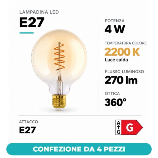 Eglo lampadina led e27 4w 2200k a globo ambrata 12,5cm con filamento a spirale confezione da 4 pezzi