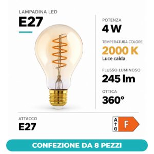 Eglo lampadina led e27 4w 2000k a goccia ambrata con filamento a spirale dimmerabile confezione da 8 pezzi