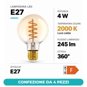 Eglo lampadina led e27 4w 2000k a globo ambrata 8cm con filamento a spirale dimmerabile confezione da 4 pezzi