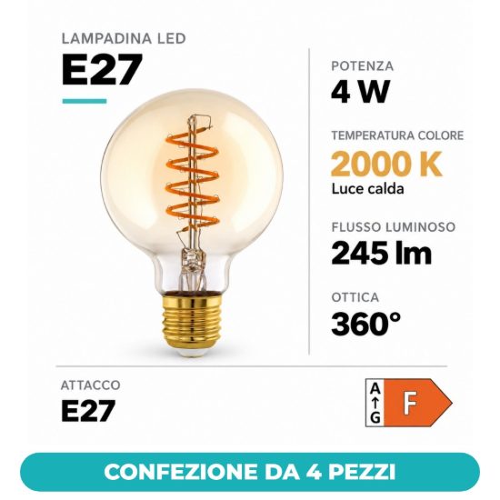 Eglo lampadina led e27 4w 2000k a globo ambrata 9,5cm con filamento a spirale dimmerabile confezione da 4 pezzi