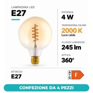 Eglo lampadina led e27 4w 2000k a globo ambrata 12,5cm con filamento a spirale dimmerabile confezione da 4 pezzi