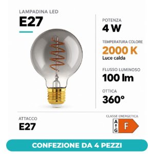 Eglo lampadina led e27 4w 2000k a globo nera trasparente 8cm con filamento a spirale dimmerabile confezione da 4 pezzi