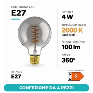 Eglo lampadina led e27 4w 2000k a globo nera trasparente 9,5cm con filamento a spirale dimmerabile confezione da 4 pezzi