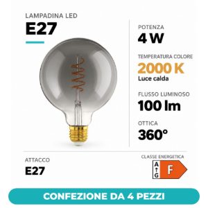 Eglo lampadina led e27 4w 2000k a globo nera trasparente 12,5cm con filamento a spirale dimmerabile confezione da 4 pezzi