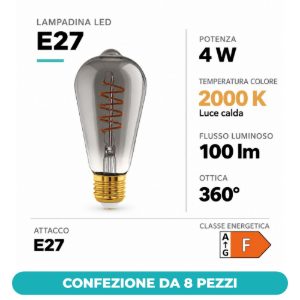 Eglo lampadina led e27 4w 2000k a oliva nera trasparente 6,4cm con filamento a spirale dimmerabile confezione da 8 pezzi
