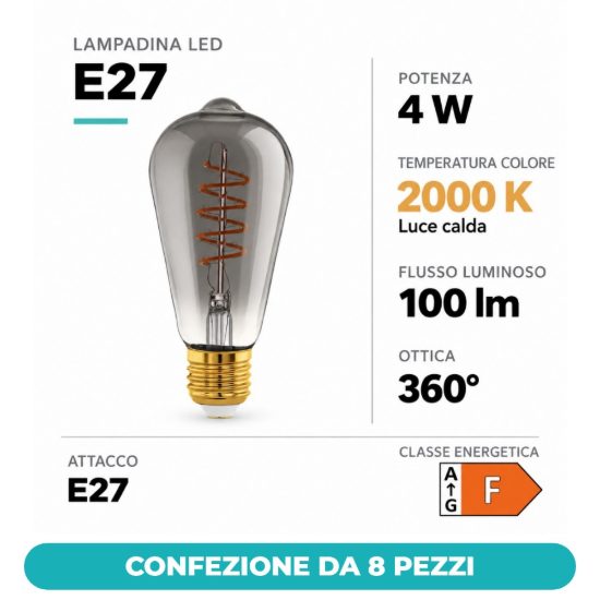 Eglo lampadina led e27 4w 2000k a oliva nera trasparente 6,4cm con filamento a spirale dimmerabile confezione da 8 pezzi