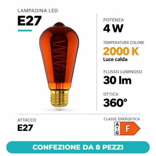 Eglo lampadina led e27 4w 2000k a oliva color rame 6,4cm con filamento a spirale dimmerabile confezione da 8 pezzi