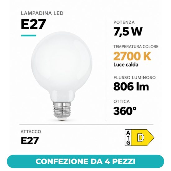 Eglo lampadina led e27 7,5w 2700k a globo opalina 9,5cm dimmerabile confezione da 4 pezzi