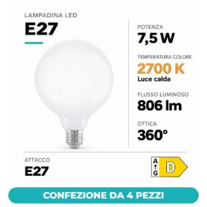 Eglo lampadina led e27 7,5w 2700k a globo opalina 12,5cm dimmerabile confezione da 4 pezzi