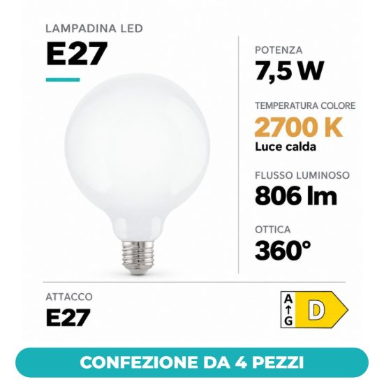 Eglo lampadina led e27 7,5w 2700k a globo opalina 12,5cm dimmerabile confezione da 4 pezzi