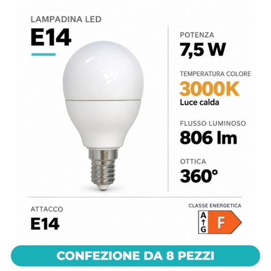 Eglo lampadina led e14 7,5w 3000k a sfera opalina dimmerabile confezione da 8 pezzi