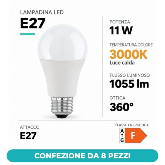 Eglo lampadina led e27 11w 3000k a goccia opalina dimmerabile confezione da 8 pezzi