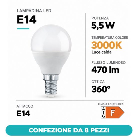 Eglo lampadina led e14 5,5w 3000k a sfera opalina dimmerabile confezione da 8 pezzi