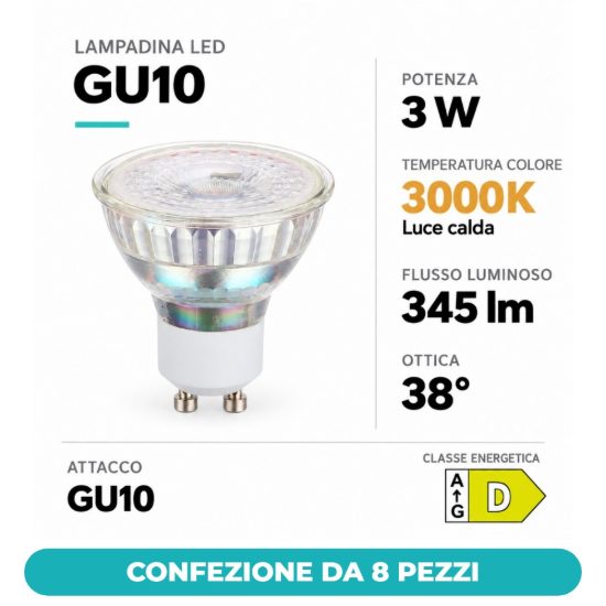 Eglo lampadina led gu10 3w 3000k a riflettore trasparente dimmerabile confezione da 8 pezzi