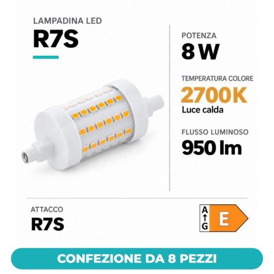Eglo lampadina led r7s 8w 2700k 7,8cm trasparente dimmerabile confezione da 8 pezzi