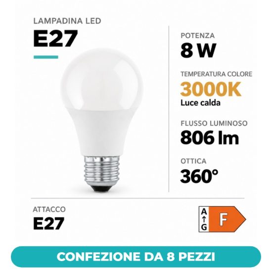 Eglo lampadina led e27 8w 3000k a goccia opalina step dimming confezione da 8 pezzi