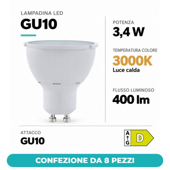 Eglo lampadina led gu10 3,4w 3000k a riflettore trasparente step dimming confezione da 8 pezzi