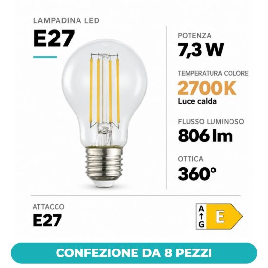 Eglo lampadina led e27 7,3w 2700k a goccia trasparente step dimming confezione da 8 pezzi