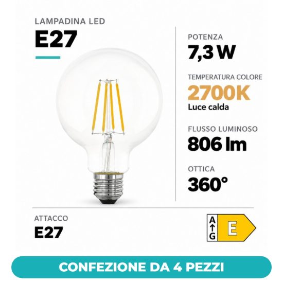 Eglo lampadina led e27 7,3w 2700k a globo trasparente step dimming confezione da 4 pezzi