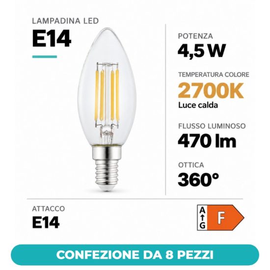 Eglo lampadina led e14 4,5w 2700k a candela trasparente step dimming confezione da 8 pezzi