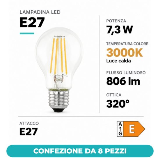 Eglo lampadina led e27 7,3w 3000k a goccia trasparente da esterno confezione da 8 pezzi