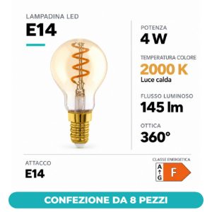Eglo lampadina led e14 4w 2000k a sfera ambrata con filamento a spirale dimmerabile confezione da 8 pezzi
