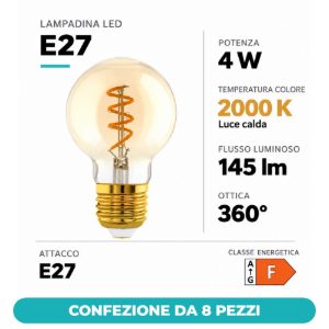 Eglo lampadina led e27 4w 2000k a globo ambrata 6cm con filamento a spirale dimmerabile confezione da 8 pezzi