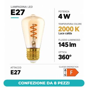 Eglo lampadina led e27 4w 2000k a oliva ambrata 4,8cm con filamento a spirale dimmerabile confezione da 8 pezzi