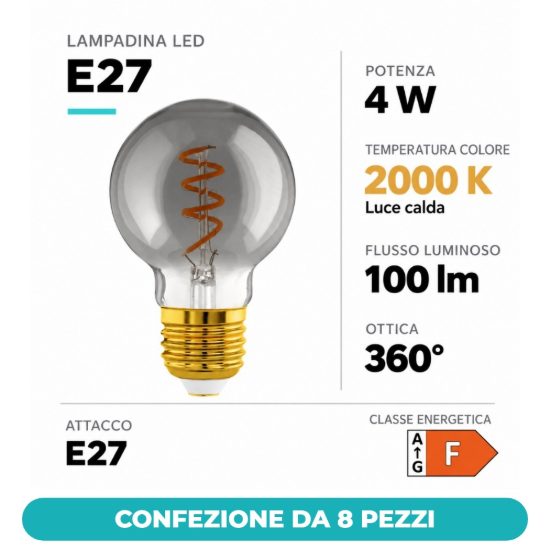Eglo lampadina led e27 4w 2000k a globo nera trasparente 6cm con filamento a spirale dimmerabile confezione da 8 pezzi