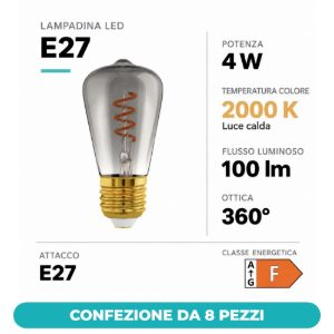 Eglo lampadina led e27 4w 2000k a oliva nera trasparente 4,8cm con filamento a spirale dimmerabile confezione da 8 pezzi