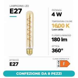 Eglo lampadina led e27 4w 1600k tubolare ambrata con filamento a spirale confezione da 8 pezzi