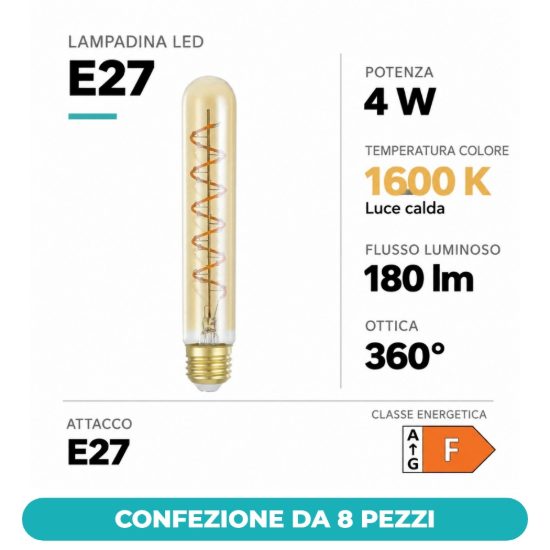 Eglo lampadina led e27 4w 1600k tubolare ambrata con filamento a spirale confezione da 8 pezzi