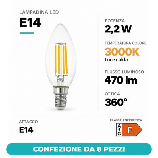 Eglo lampadina led e14 2,2w 3000k a candela trasparente confezione da 8 pezzi