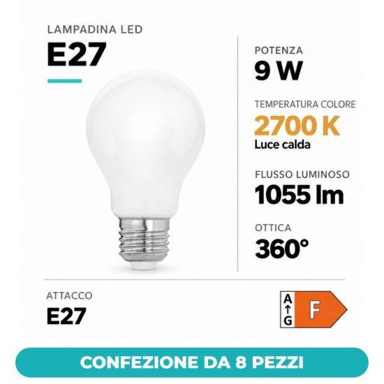 Eglo lampadina led e27 9w 2700k a goccia opalina dimmerabile confezione da 8 pezzi