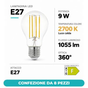 Eglo lampadina led e27 9w 2700k a goccia trasparente a filamento dimmerabile confezione da 8 pezzi