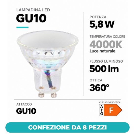 Eglo lampadina led gu10 5,8w 4000k a riflettore satinata dimmerabile confezione da 8 pezzi