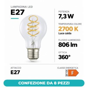 Eglo lampadina led e27 7,3w 2700k a goccia trasparente con filamento a spirale confezione da 8 pezzi