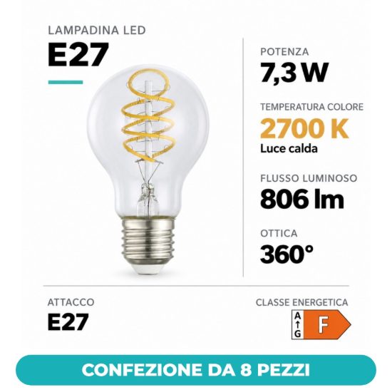 Eglo lampadina led e27 7,3w 2700k a goccia trasparente con filamento a spirale confezione da 8 pezzi