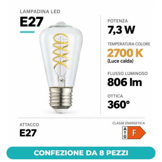 Eglo lampadina led e27 7,3w 2700k a oliva trasparente 4,8cm con filamento a spirale confezione da 8 pezzi