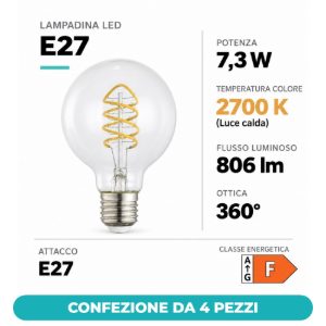 Eglo lampadina led e27 7,3w 2700k a globo trasparente 8cm con filamento a spirale confezione da 4 pezzi