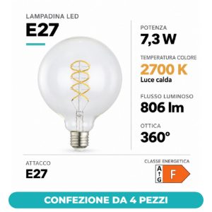 Eglo lampadina led e27 7,3w 2700k a globo trasparente 12,5cm con filamento a spirale confezione da 4 pezzi
