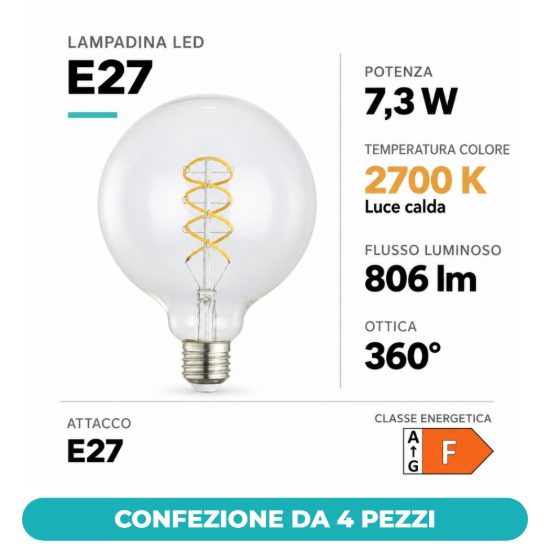 Eglo lampadina led e27 7,3w 2700k a globo trasparente 12,5cm con filamento a spirale confezione da 4 pezzi