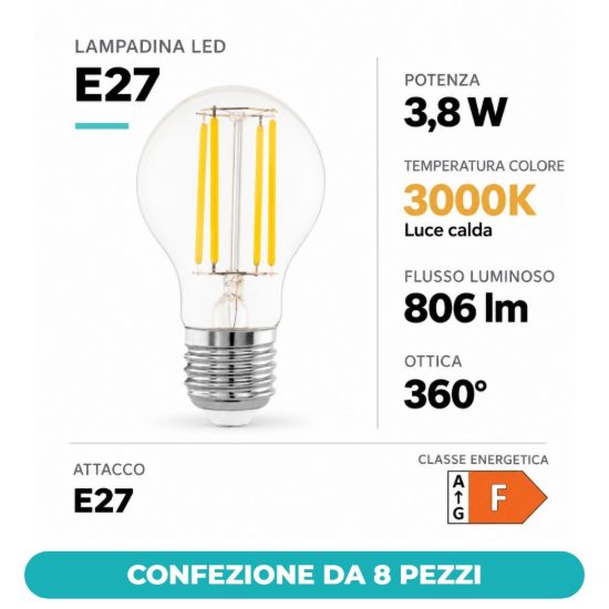 Eglo lampadina led e27 3,8w 3000k a goccia trasparente confezione da 8 pezzi