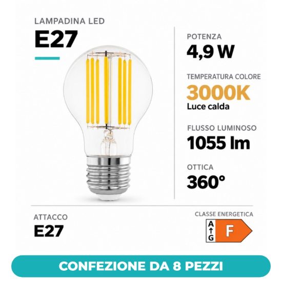 Eglo lampadina led e27 4,9w 3000k a goccia trasparente confezione da 8 pezzi